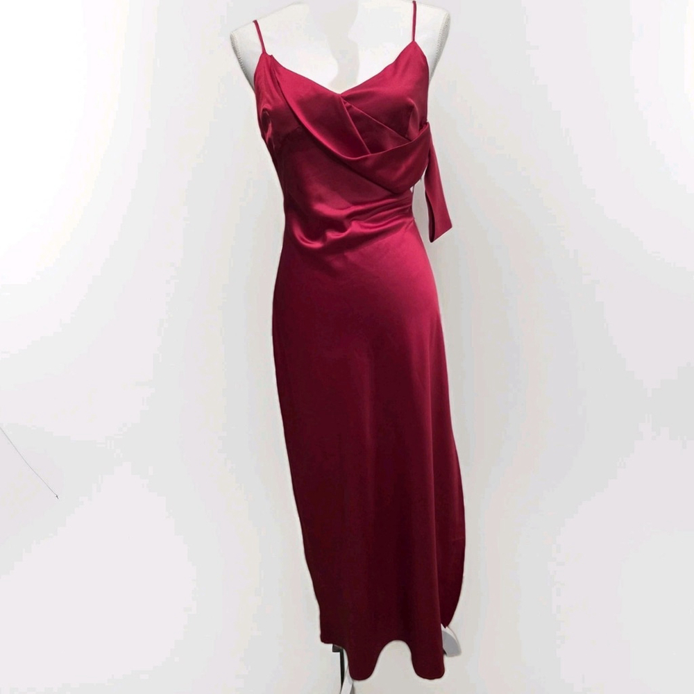 Beige Botany Satin Cami Maxi Dress M Red Draped Slip Formal Side Slit